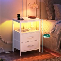 Huuger Night Stand With Charger Station And Led Lights 2 Drawer Nightstand Bed Side Table With Open Shelf End Table Fabric D