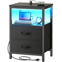 Huuger Night Stand With Charger Station And Led Lights 2 Drawer Nightstand Bed Side Table With Open Shelf End Table Fabric D