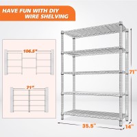 Reibii 5 Tier Wire Shelving Storage Shelves Metal Shelves For Storage Loads 1200Lbs Adjustable Garage Shelving Heavy Duty Metal