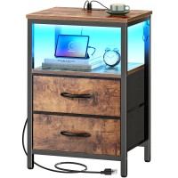 Huuger Night Stand With Charger Station And Led Lights 2 Drawer Nightstand Bed Side Table With Open Shelf End Table Fabric D