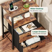 Huuger Night Stand With Charger Station And Led Lights 2 Drawer Nightstand Bed Side Table With Open Shelf End Table Fabric D