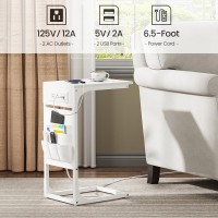 Tutotak C Shaped End Table With Charging Station Side Table For Sofa Couch Table With Storage Bag Tv Tray Table With 2 Usb Po