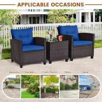 Oralner 3 Pieces Patio Furniture Set, Outdoor Wicker Conversation Set Rattan Chairs With Cushions, Glass Coffee Table, Bistro Set For Front Porch Balcony Garden Deck Poolside (Navy)