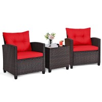 Oralner 3 Pieces Patio Furniture Set, Outdoor Wicker Conversation Set Rattan Chairs With Cushions, Glass Coffee Table, Bistro Set For Front Porch Balcony Garden Deck Poolside (Red)