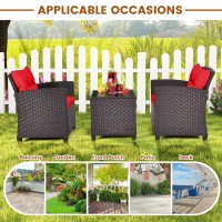 Oralner 3 Pieces Patio Furniture Set, Outdoor Wicker Conversation Set Rattan Chairs With Cushions, Glass Coffee Table, Bistro Set For Front Porch Balcony Garden Deck Poolside (Red)