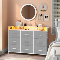 Exotica Gray Dresser With Led Light For Bedroom 9 Drawer Dresser With Charging Station Dressers Chests Of Drawers For Entryway