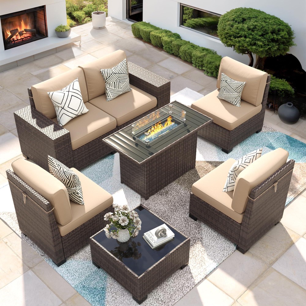 Vonzoy 7 Piece Patio Furniture Set With Fire Pit Table Outdoor Conversation Sets Wicker Rattan Sectional Sofa With Coffee Table