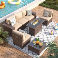 Vonzoy 7 Piece Patio Furniture Set With Fire Pit Table Outdoor Conversation Sets Wicker Rattan Sectional Sofa With Coffee Table