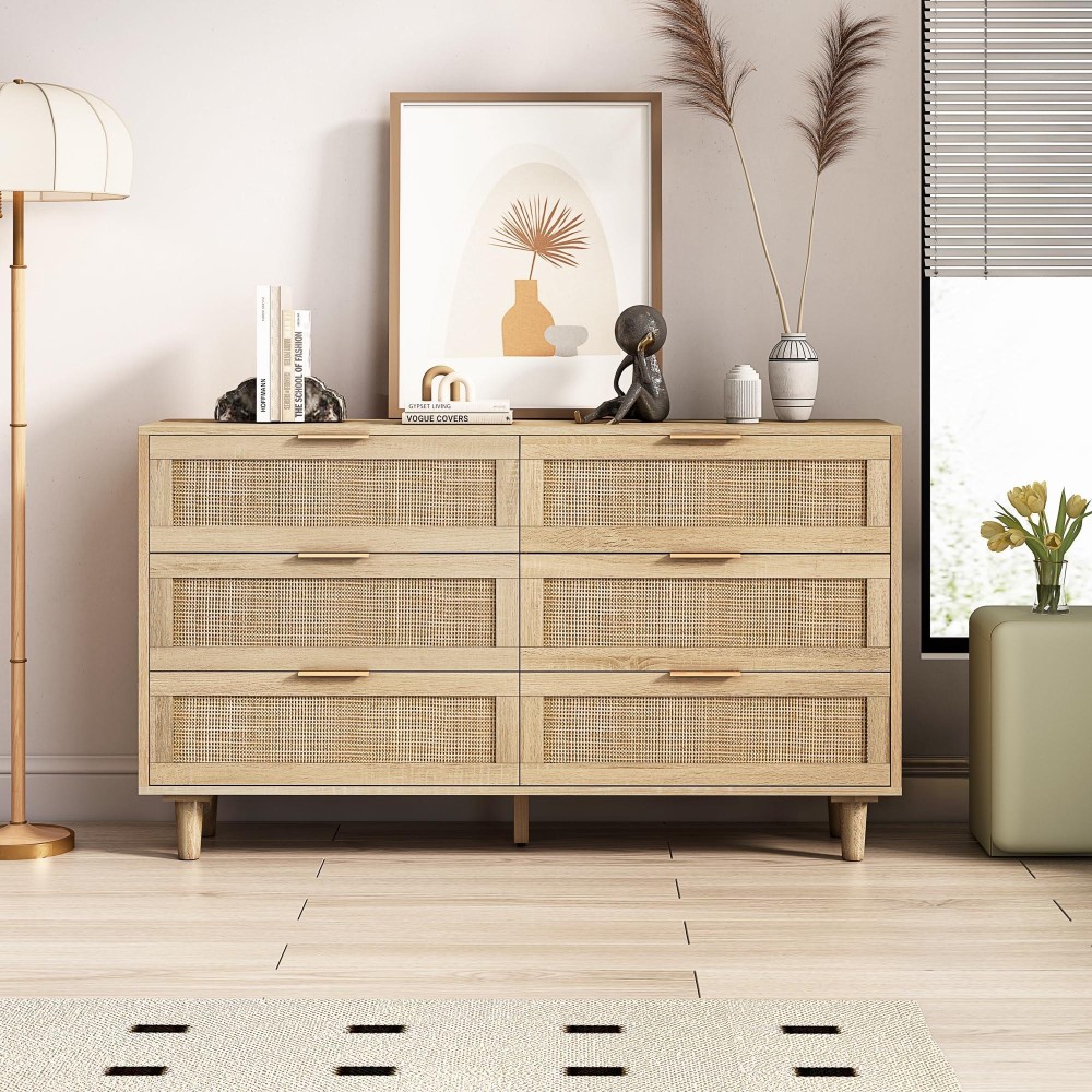 KIGFTSOD 51.18 Dresser for Bedroom with 6 Drawers, Rattan Dresser, Chest of Drawers, Storage Cabinet for Bedroom, Living Room, Natural