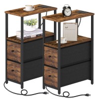 Tutotak Small Narrow End Table With Charging Station Set Of 2 Side Table With Outlets Nightstand With 2 Cloth Drawers Couch