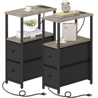 Tutotak Small Narrow End Table With Charging Station Set Of 2 Side Table With Outlets Nightstand With 2 Cloth Drawers Couch