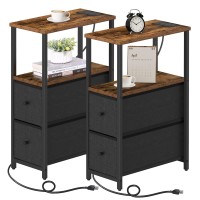 Tutotak Small Narrow End Table With Charging Station Set Of 2 Side Table With Outlets Nightstand With 2 Cloth Drawers Couch