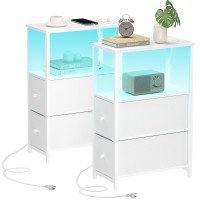 Tutotak Small Narrow Led End Table With Charging Station Side Table Outlets Nightstand With 2 Cloth Drawers Set Of 2 Couch T