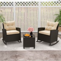 Tangkula 3 Piece Wicker Rocking Set, Patio Rattan Roker Chairs with Tempered Glass Table & Soft Cushions, Outdoor Furniture Set for Backyard, Poolside Porch (Beige)