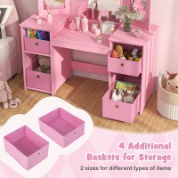 Infans Kids Vanity, 2 In 1 Princess Makeup Desk And Chair Set With 4 Drawers Tri-Folding Detachable Mirror Large Storage Shelves, Wooden Dressing Table, Pretend Play Vanity Set For Toddler Girls