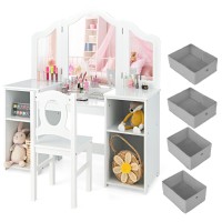 Infans Kids Vanity 2 In 1 Princess Makeup Desk And Chair Set With 4 Drawers Trifolding Detachable Mirror Large Storage Shelves