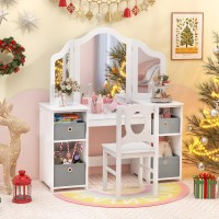 Infans Kids Vanity 2 In 1 Princess Makeup Desk And Chair Set With 4 Drawers Trifolding Detachable Mirror Large Storage Shelves