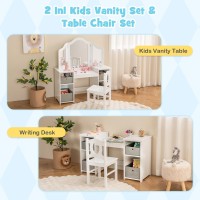 Infans Kids Vanity 2 In 1 Princess Makeup Desk And Chair Set With 4 Drawers Trifolding Detachable Mirror Large Storage Shelves