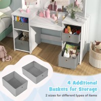 Infans Kids Vanity 2 In 1 Princess Makeup Desk And Chair Set With 4 Drawers Trifolding Detachable Mirror Large Storage Shelves