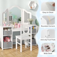 Infans Kids Vanity 2 In 1 Princess Makeup Desk And Chair Set With 4 Drawers Trifolding Detachable Mirror Large Storage Shelves