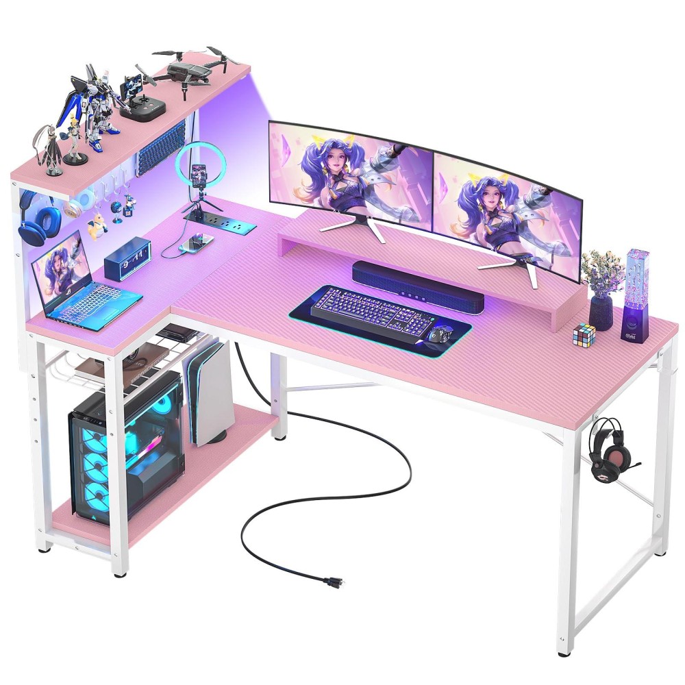 Homieasy Small Gaming Desk With Power Outlets Pegboard Led Light 51 Inch L Shaped Computer Desk With Monitor Stand Storage Shel