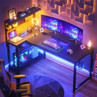 Homieasy Small Gaming Desk With Power Outlets Pegboard Led Light 51 Inch L Shaped Computer Desk With Monitor Stand Storage Shel