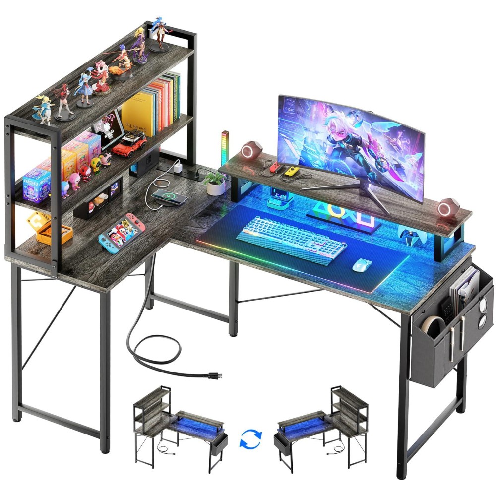 Homieasy L Shaped Computer Desk With Bookshelf 47 Inch Reversible Corner Gaming Desk With Charging Station Led Light Home Of