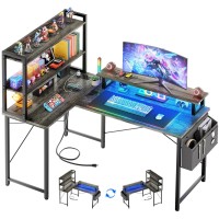 Homieasy L Shaped Computer Desk With Bookshelf 47 Inch Reversible Corner Gaming Desk With Charging Station Led Light Home Of