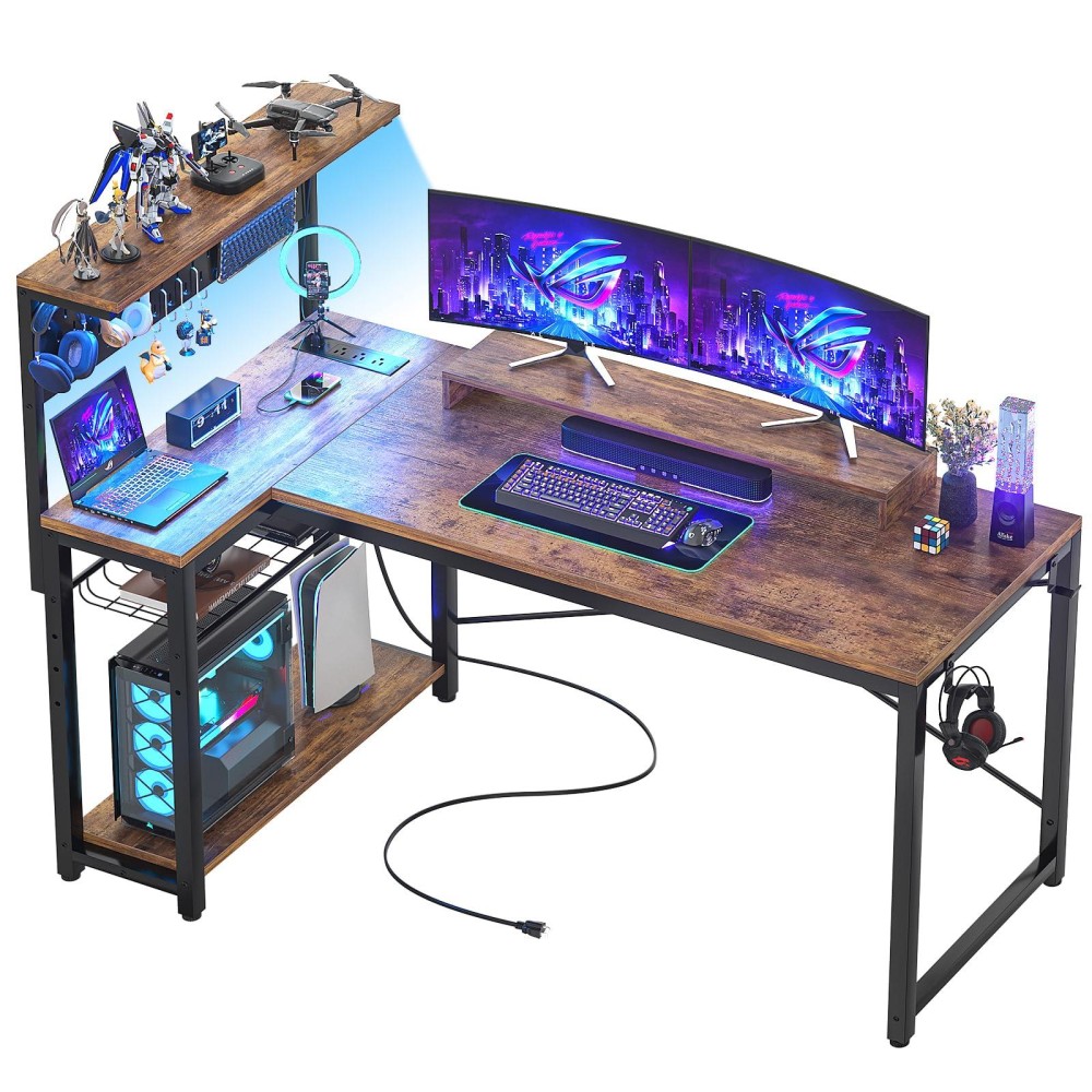 Homieasy Small Gaming Desk With Power Outlets Pegboard Led Light 51 Inch L Shaped Computer Desk With Monitor Stand Storage Shel