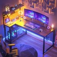 Homieasy Small Gaming Desk With Power Outlets Pegboard Led Light 51 Inch L Shaped Computer Desk With Monitor Stand Storage Shel