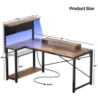 Homieasy Small Gaming Desk With Power Outlets Pegboard Led Light 51 Inch L Shaped Computer Desk With Monitor Stand Storage Shel