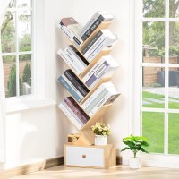 Sheepam 8 Tier Tree Bookshelf With Drawer Free Standing Wood Bookcase For Narrow Space Storage Organizer Bookshelves For Books