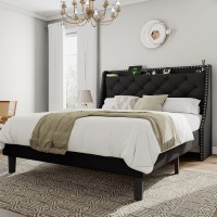 Feonase Queen Bed Frame With Luxury Wingback And Fast Charging Station Upholstered Button Tufted Storage Headboard Platform Bed