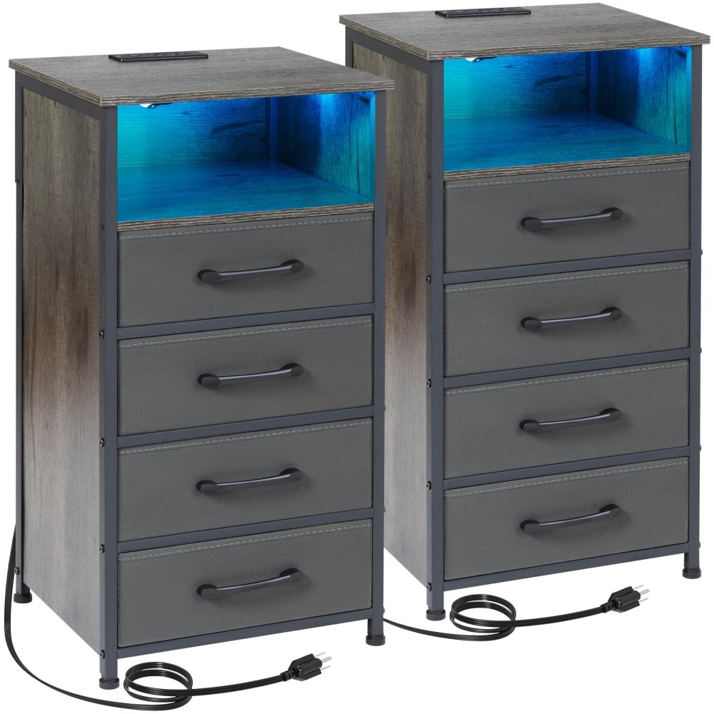 Loakekel Night Stand Set 2 Tall Nightstand With Charging Station Dresser For Bedroom With 4 Drawers Led End Tables With Usb P