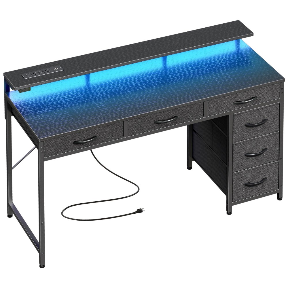 Huuger Gaming Desk With 6 Drawers Computer Desk With Led Lights Power Outlets And Typec 47 Inch Office Desk With Storage Mon