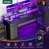 Huuger Gaming Desk With 6 Drawers Computer Desk With Led Lights Power Outlets And Typec 55 Inch Office Desk With Storage Mon