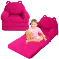 Momcaywex Foldable Kids Sofa Sherpa Pink Teddy Bear Toddler Couch With Tri Folding Foam Cushions Comfy Kids Couch For Kids Age