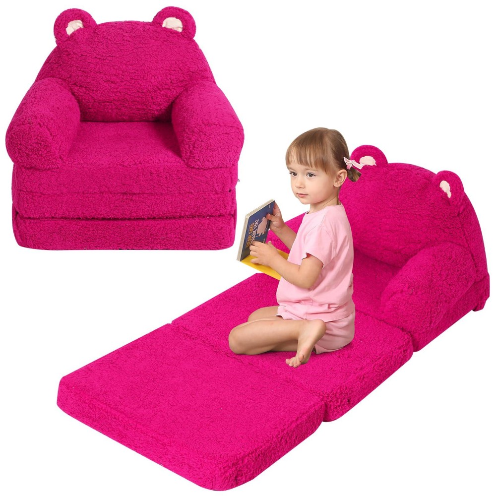 Momcaywex Foldable Kids Sofa Sherpa Pink Teddy Bear Toddler Couch With Tri Folding Foam Cushions Comfy Kids Couch For Kids Age