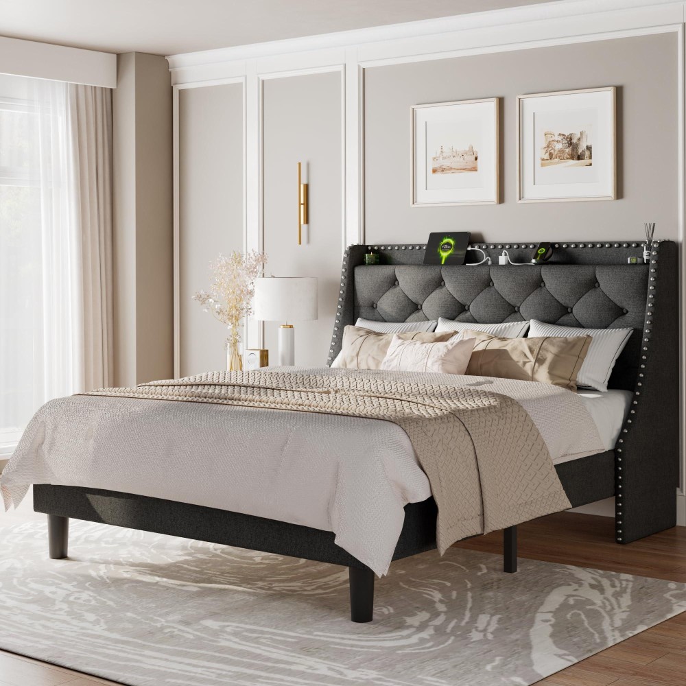 Feonase Queen Bed Frame With Luxury Wingback And Fast Charging Station Upholstered Button Tufted Storage Headboard Platform Bed