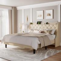 Feonase King Size Bed Frame With Luxury Wingback And Fast Charging Station King Upholstered Button Tufted Storage Headboard Plat