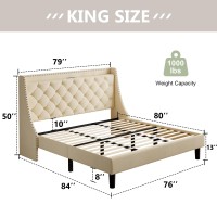 Feonase King Size Bed Frame With Luxury Wingback And Fast Charging Station King Upholstered Button Tufted Storage Headboard Plat