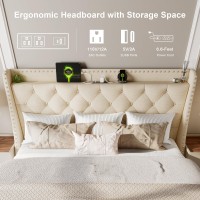 Feonase King Size Bed Frame With Luxury Wingback And Fast Charging Station King Upholstered Button Tufted Storage Headboard Plat