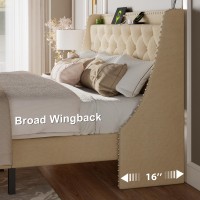 Feonase King Size Bed Frame With Luxury Wingback And Fast Charging Station King Upholstered Button Tufted Storage Headboard Plat