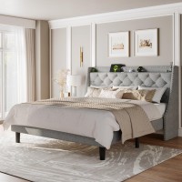 Feonase King Size Bed Frame With Luxury Wingback And Fast Charging Station King Upholstered Button Tufted Storage Headboard Plat