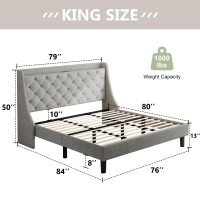 Feonase King Size Bed Frame With Luxury Wingback And Fast Charging Station King Upholstered Button Tufted Storage Headboard Plat