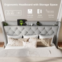 Feonase King Size Bed Frame With Luxury Wingback And Fast Charging Station King Upholstered Button Tufted Storage Headboard Plat