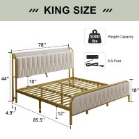 Feonase Velvet King Size Bed Frame With Fast Charging Station Metal Platform King Beds With Upholstered Headboard & Footboard 12