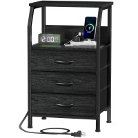 Furnulem Night Stand With Charging Station 283 Inch Tall Side Table With Fabric Drawers And Storage Shelf Bedside Table With