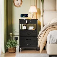 Furnulem Night Stand With Charging Station 283 Inch Tall Side Table With Fabric Drawers And Storage Shelf Bedside Table With