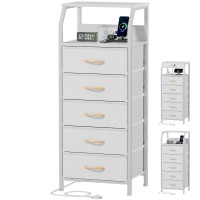 Furnulem 5 Drawers Dresser With Charging Station Tall Night Stand With Open Shelf Storage Tower With Pvc Fabric Drawer Beds